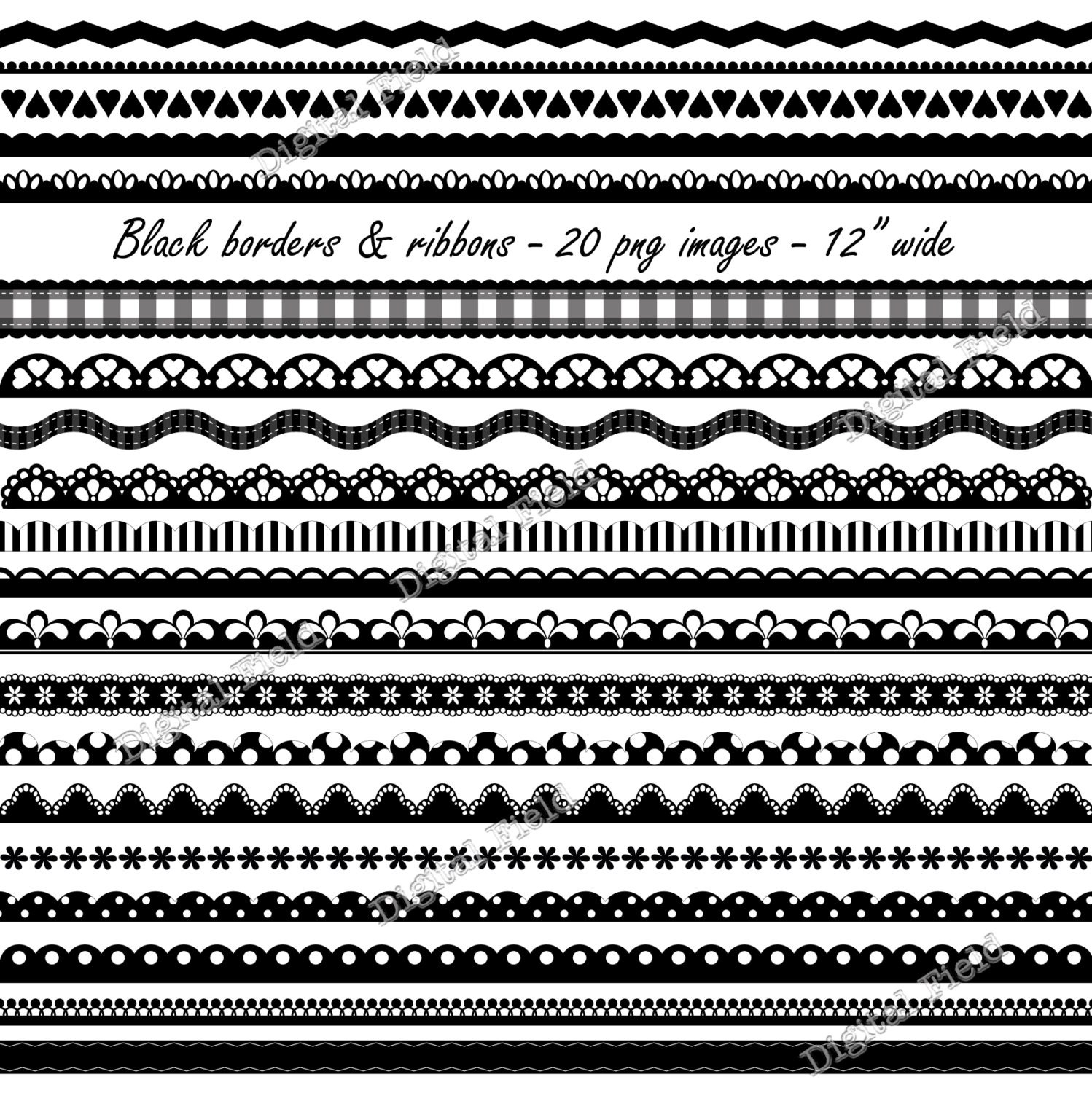 INSTANT DOWNLOAD Black borders and ribbons clip art set - scalloped, eyelet, lace printable digital clipart