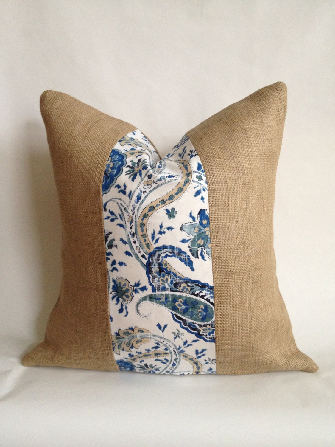 French Blue Paisley and Burlap Pillow Cover
