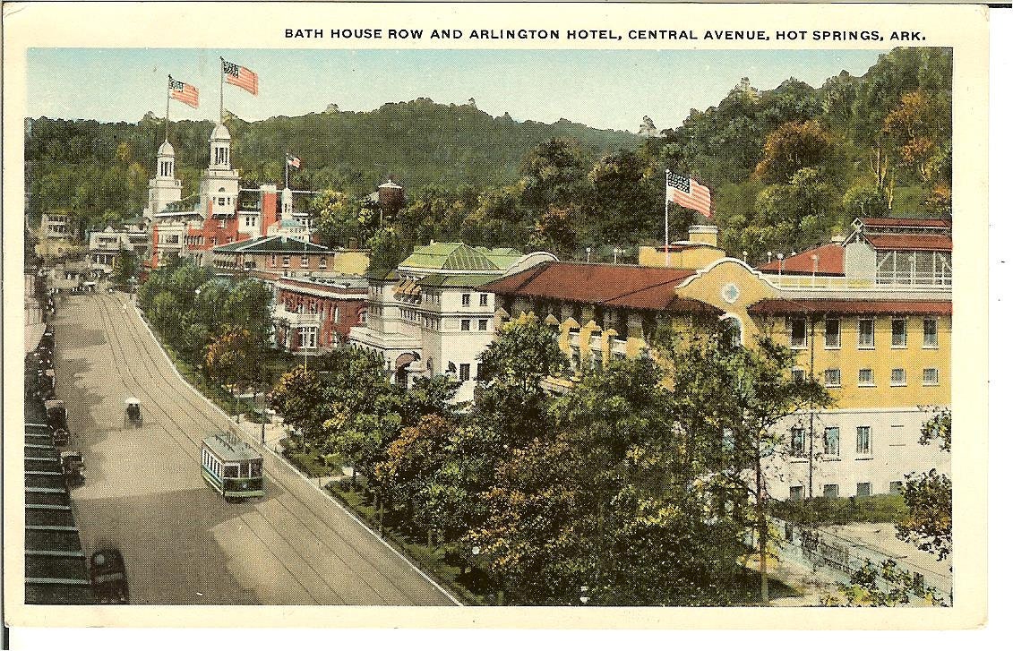 Vintage Bath House Row and Arlington Hotel Hot SPrings Ark. Postcard