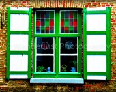 Colorful Bruges Stained Glass Brick and Wood Window Photo Print 12x18