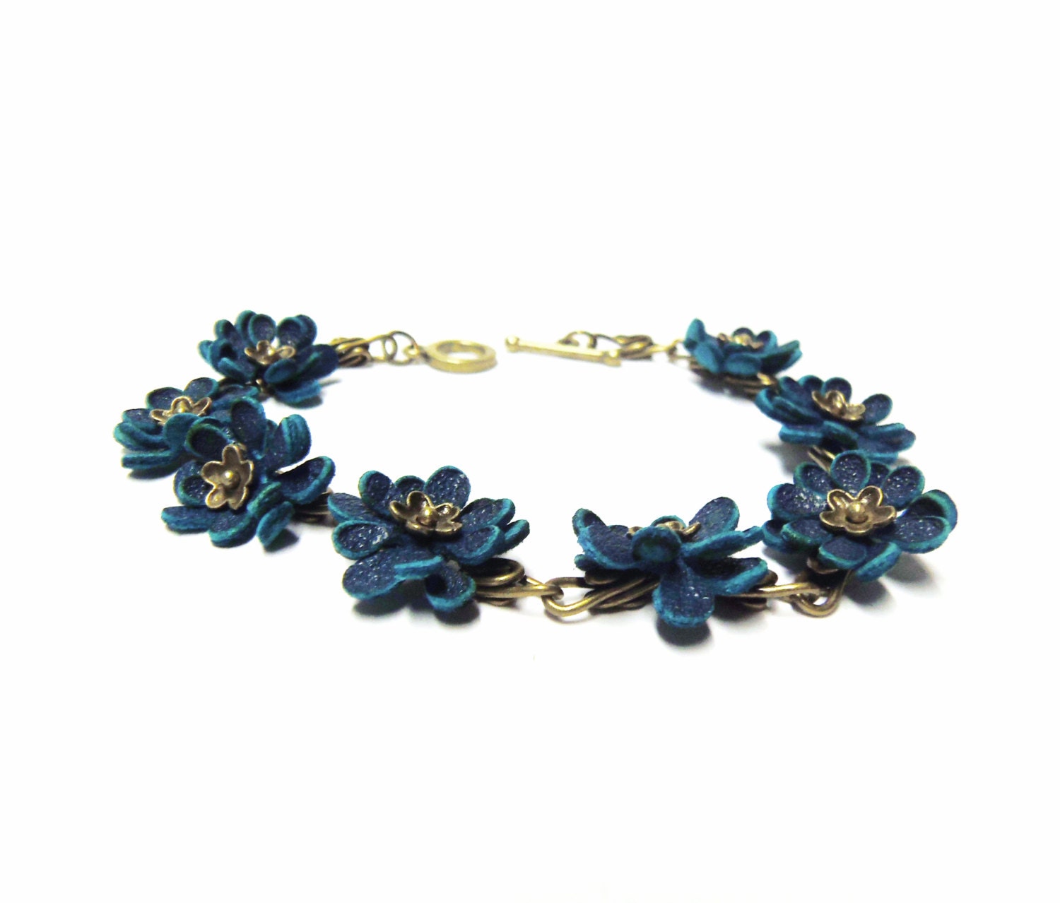 Turquoise leather floral bracelet with handmade leather flower