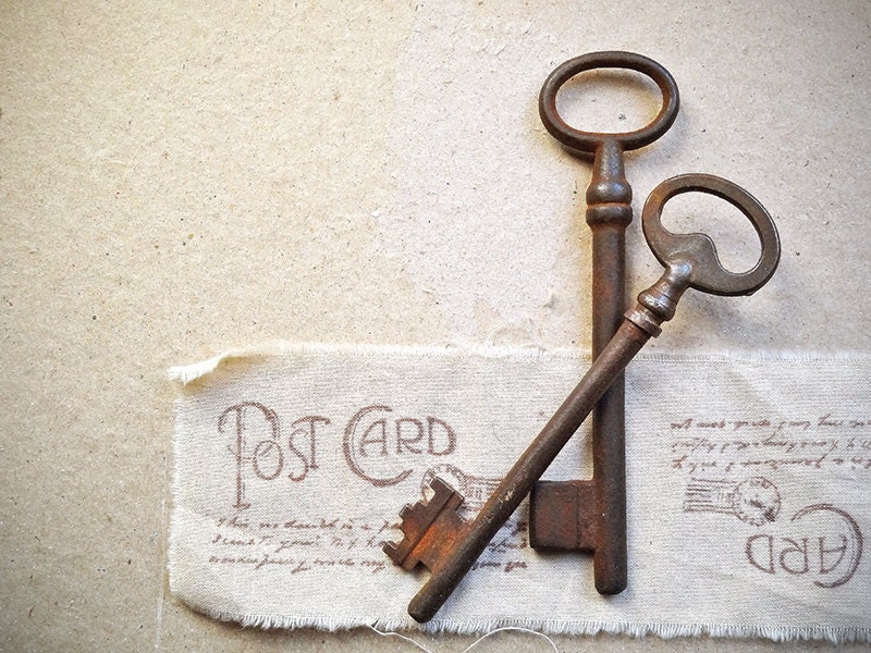 Antique French Keys, Vintage Rustic Skeleton Keys Pair - antiquissimo