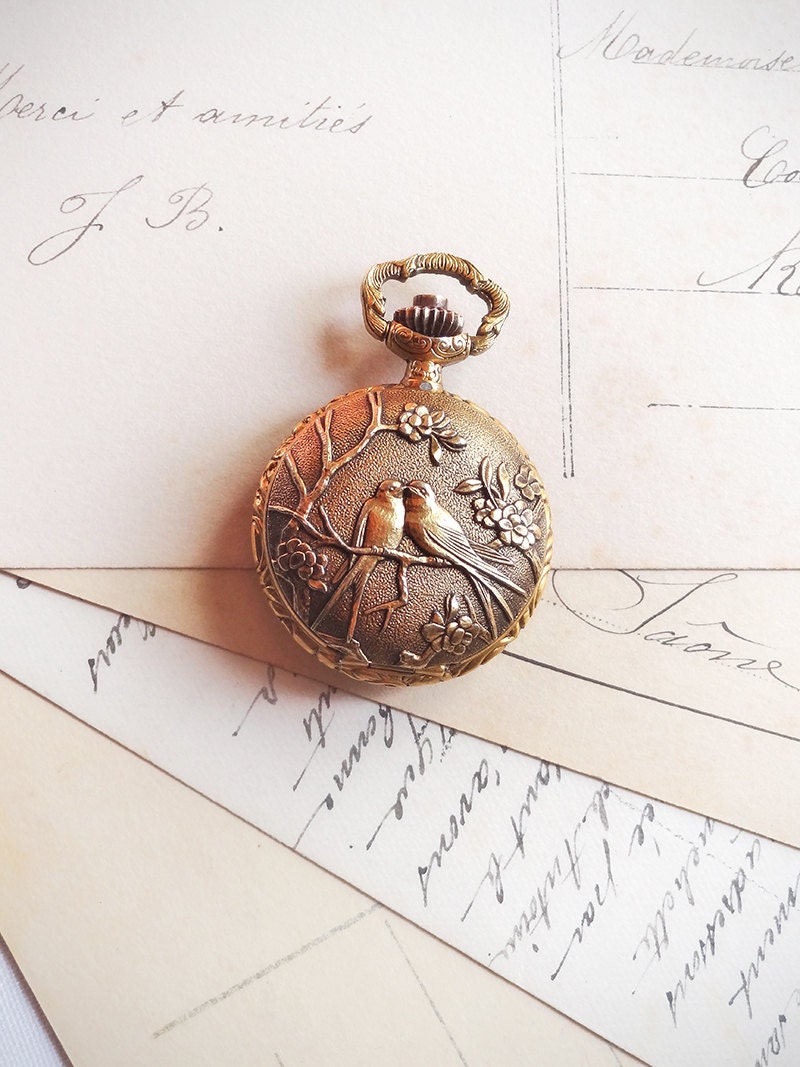 Vintage Locket Watch, Original Swiss Wind Up Ladies' Pocket Watch Pendant 1960s, Love Birds