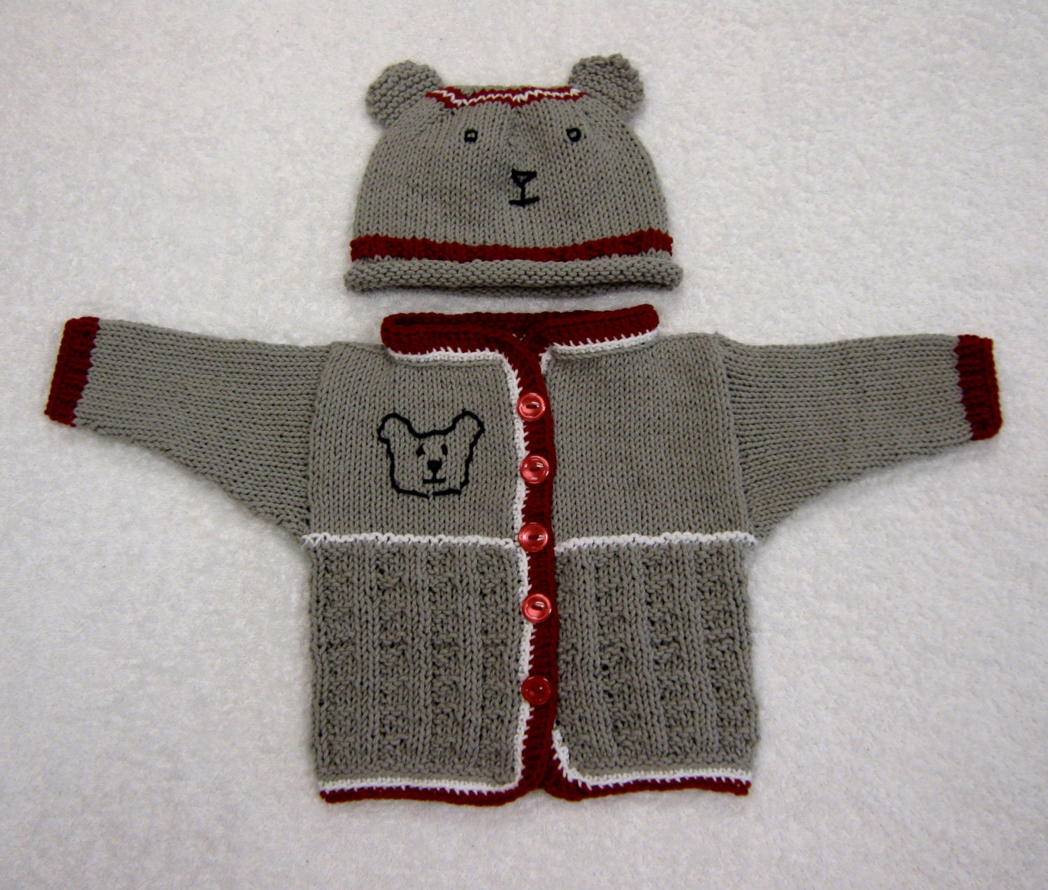 Baby Bear Cub Cardigan and Hat Set in Soft Grey and Red