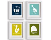 Music Maker - Set of Four 5x7 Instrument Prints - Nursery Art, Modern Kids Room, Educational Art, Playroom Decor, Instruments, Musical Kids