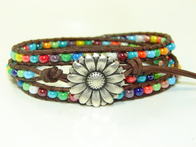 Multi-Colored Seed Beads Leather Wrap, Triple Wrap, Sunflower, Boho, Rainbow Colored Wrap, Chan Luu Inspired