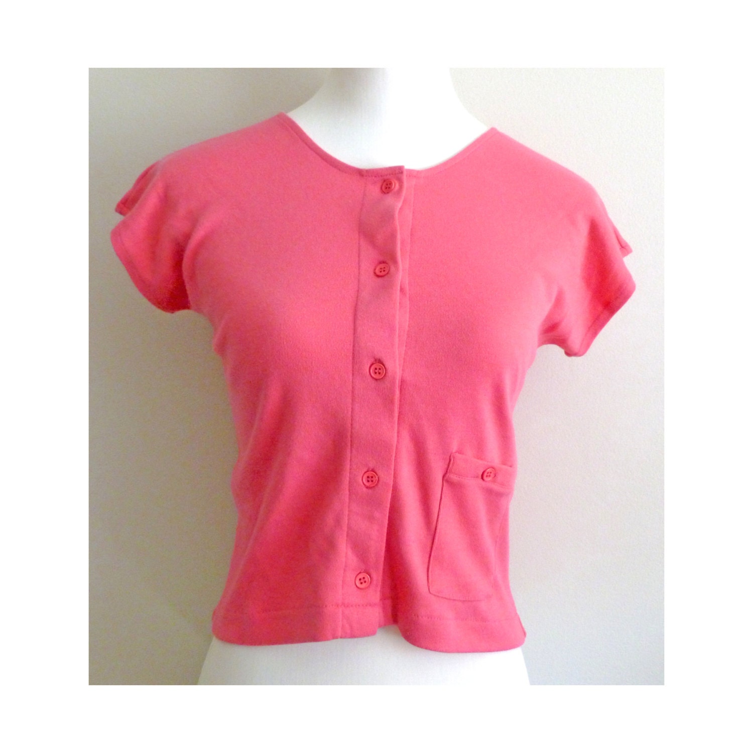 Vintage T-Shirt 80s Hot Pink Button Up Boxy Cropped Short Sleeve Top Soft Cotton Poly Summer Spring Beach Tee (S)