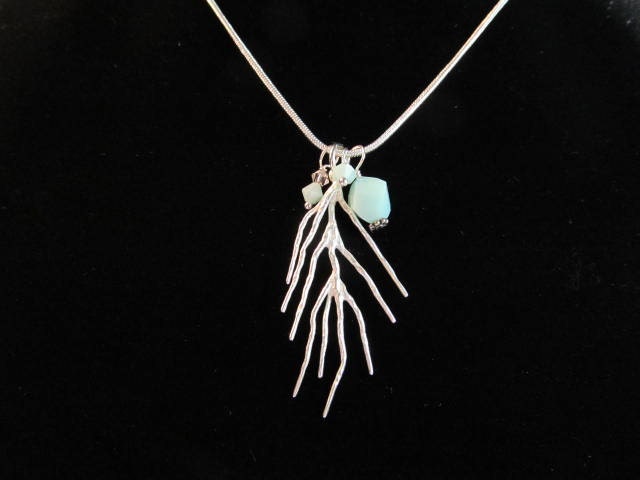 Necklace branch charm silver tone, pale green crystals