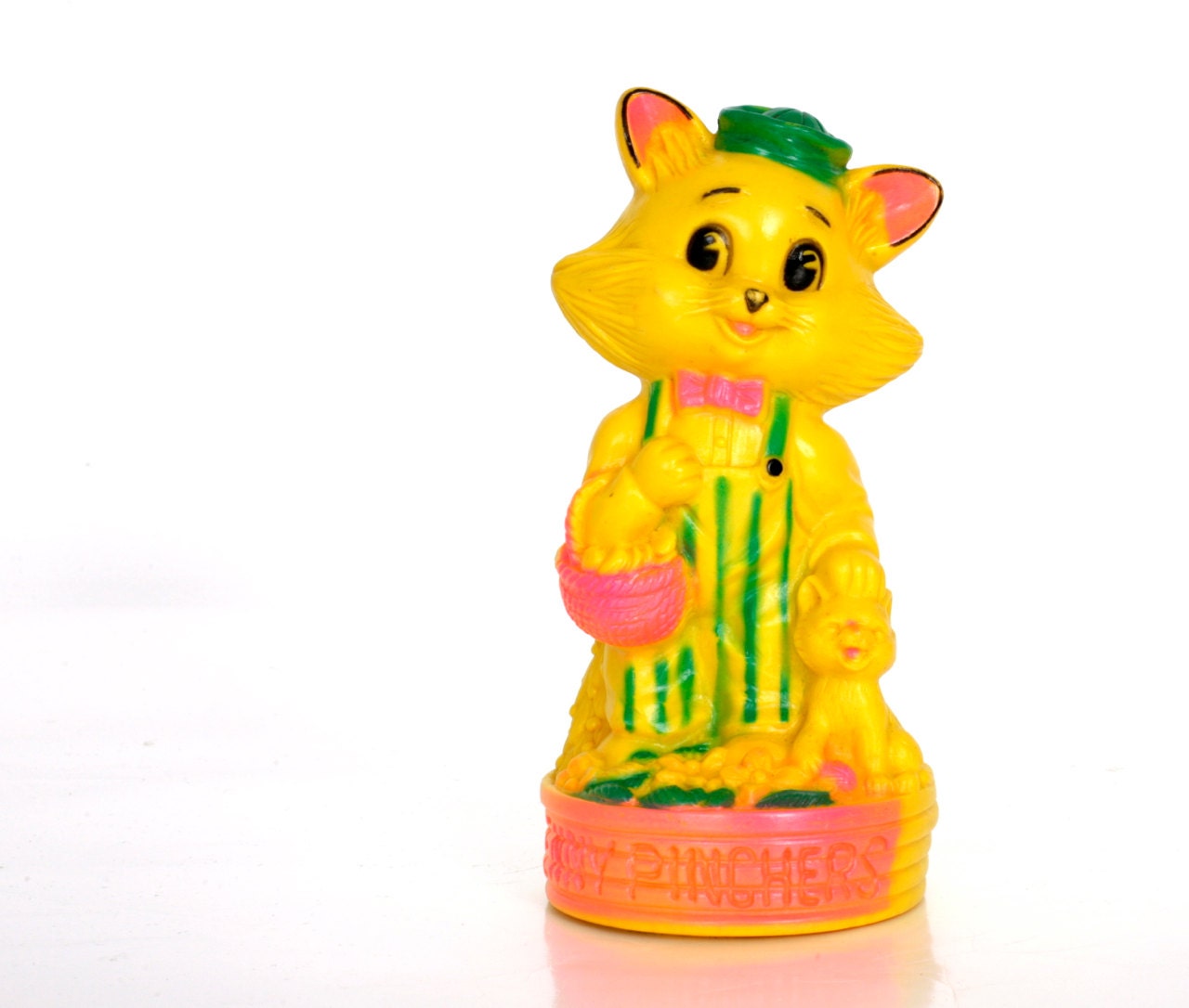 Vintage Kitty Bank in Yellow and neon pink GROOVY 1970s