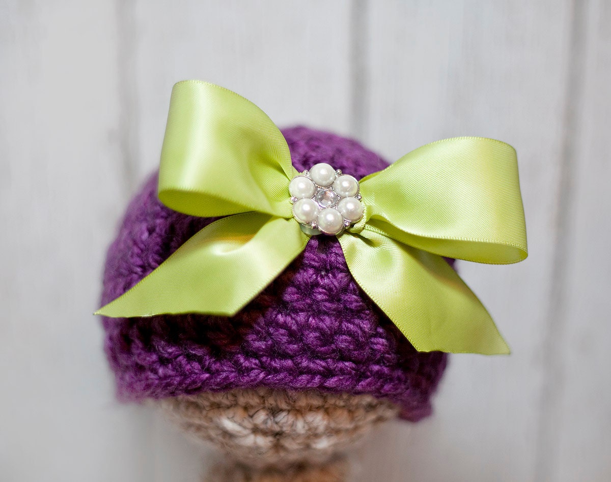 Reserve Listing for Maria - Crochet Baby beanie with large fancy satin bow - Light pink with White ribbon