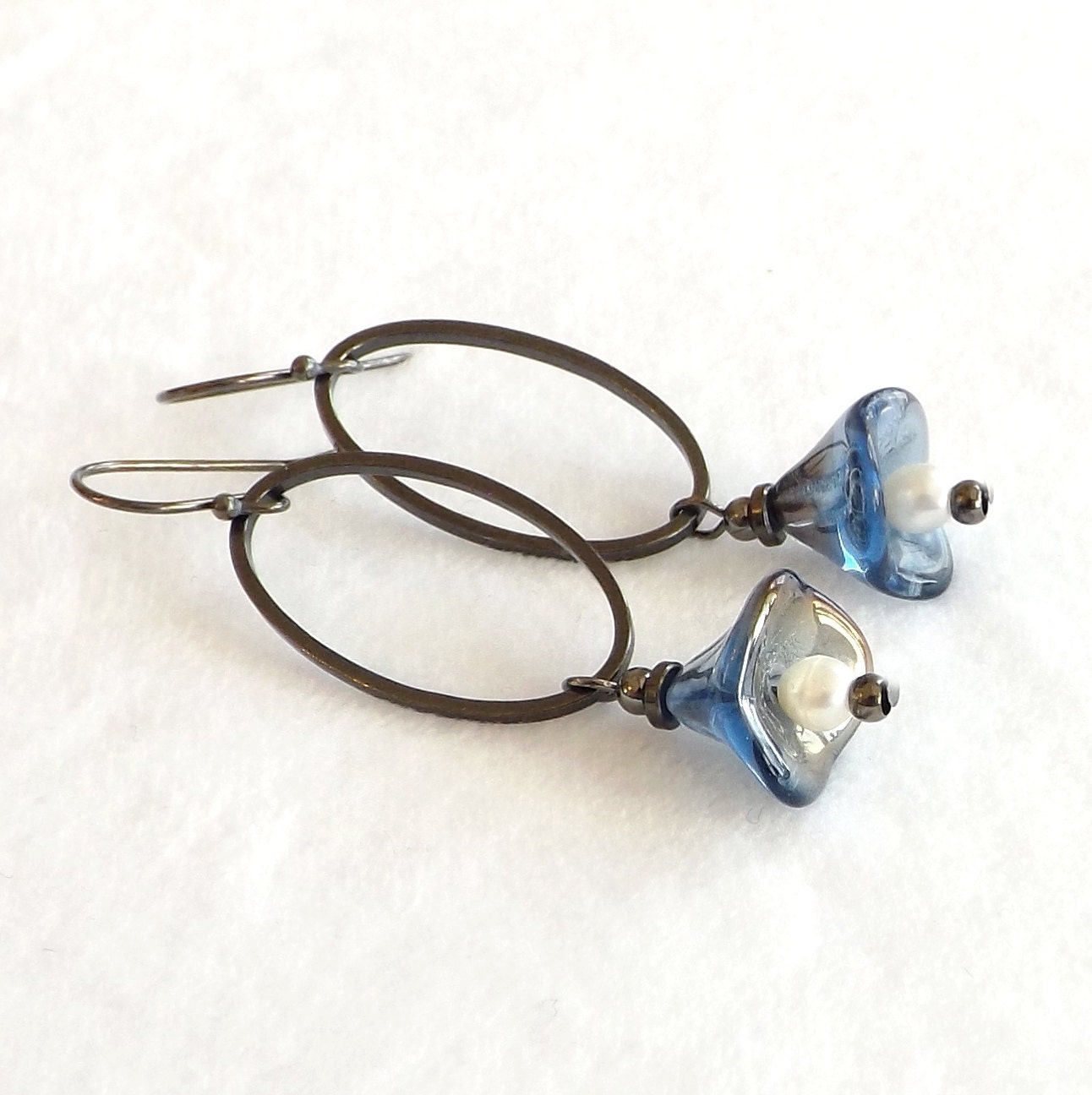Blue Earrings, Flower Earrings, Blue Glass Earrings, Freshwater Pearl Earrings, Silver Earrings, Spring Summer Jewelry, Gift for Her