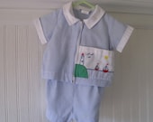 Vintage two piece outfit, seersucker, sailboats, overalls, jacket, size 12 months