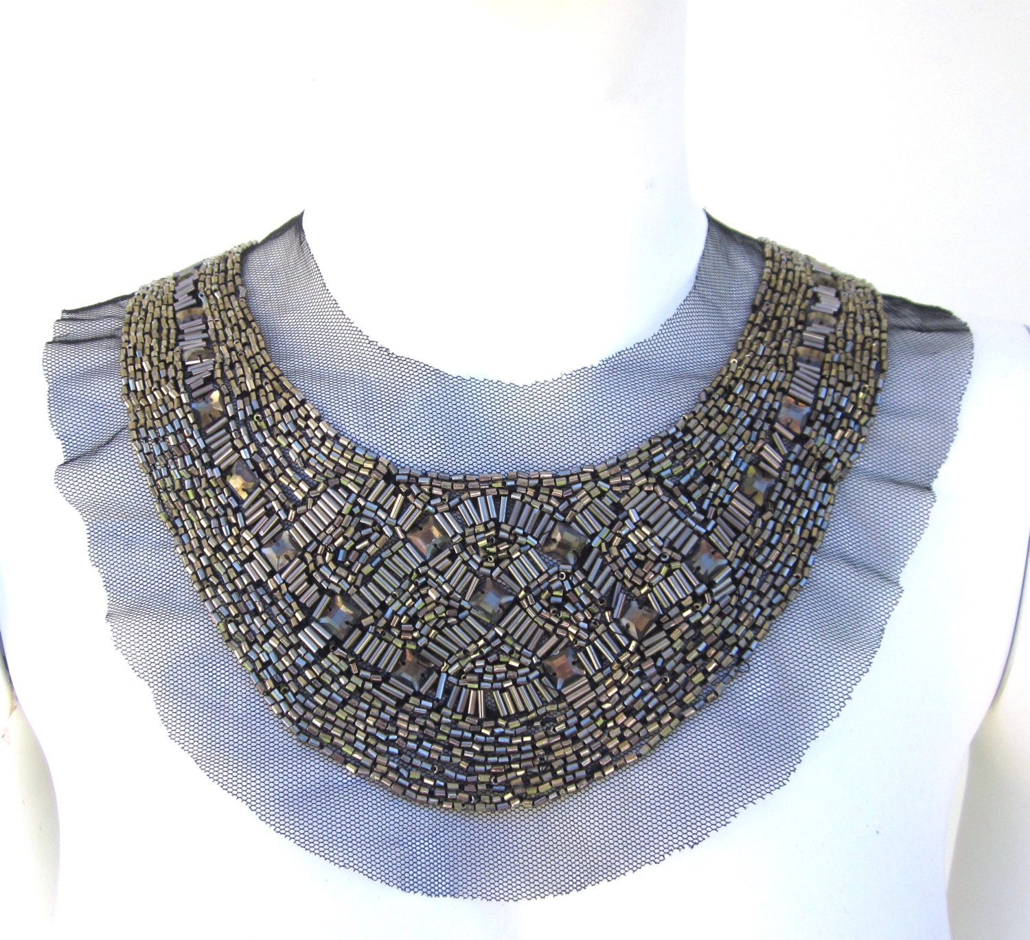Beaded Collar Gunmetal Beads  Black Tulle Necklace Silver Toggle