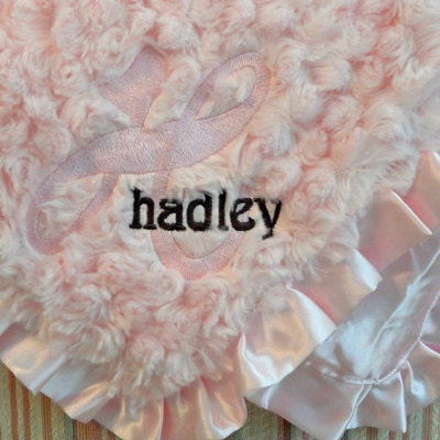 Monogrammed Swirly Fur and Satin Baby Blanket with Pleated Trim