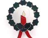 Christmas Wreath Stained Glass Handmade Holly with Candle