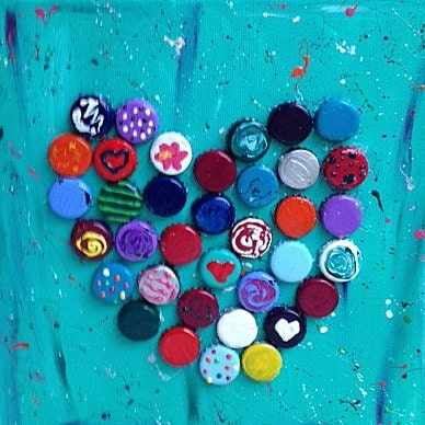 Heart Bottlecap Painting 12x12 Acrylic on Canvas Mixed Media Original Art