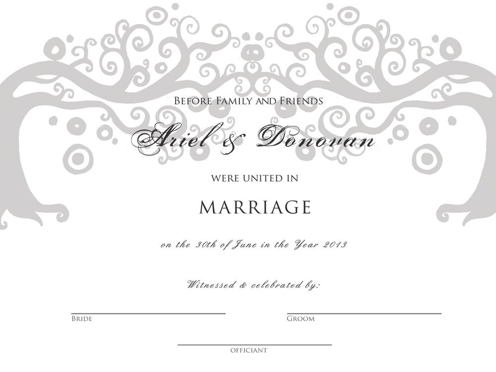 Custom Marriage Wedding Certificate by Natasha Wescoat SILVER Swirling Tree Art