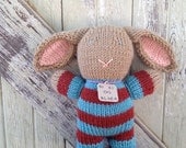 Knitted Bunny Rabbit Tan Blue Brown Striped Stuffed Animal Hand Knit
