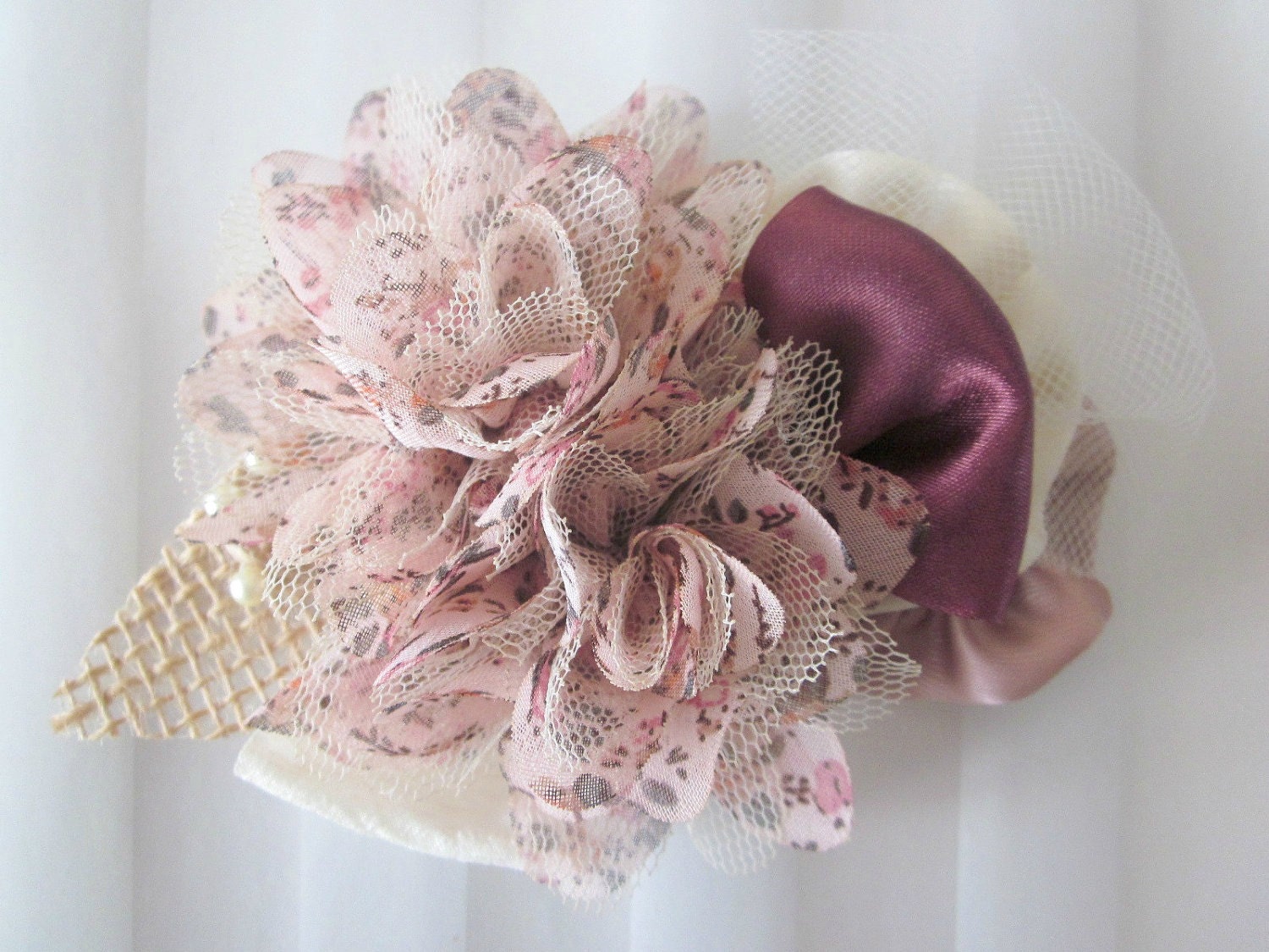 Shabby Chic Flowergirl Floral hair clip, Burlap & Tulle OOAK