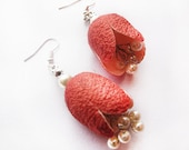 Red  Cocoon Earrings, eco friendly Jewels,  Silk, Pearl,  dark red Dyed Silk Cocoons earrings, Spring Wedding Jewelry