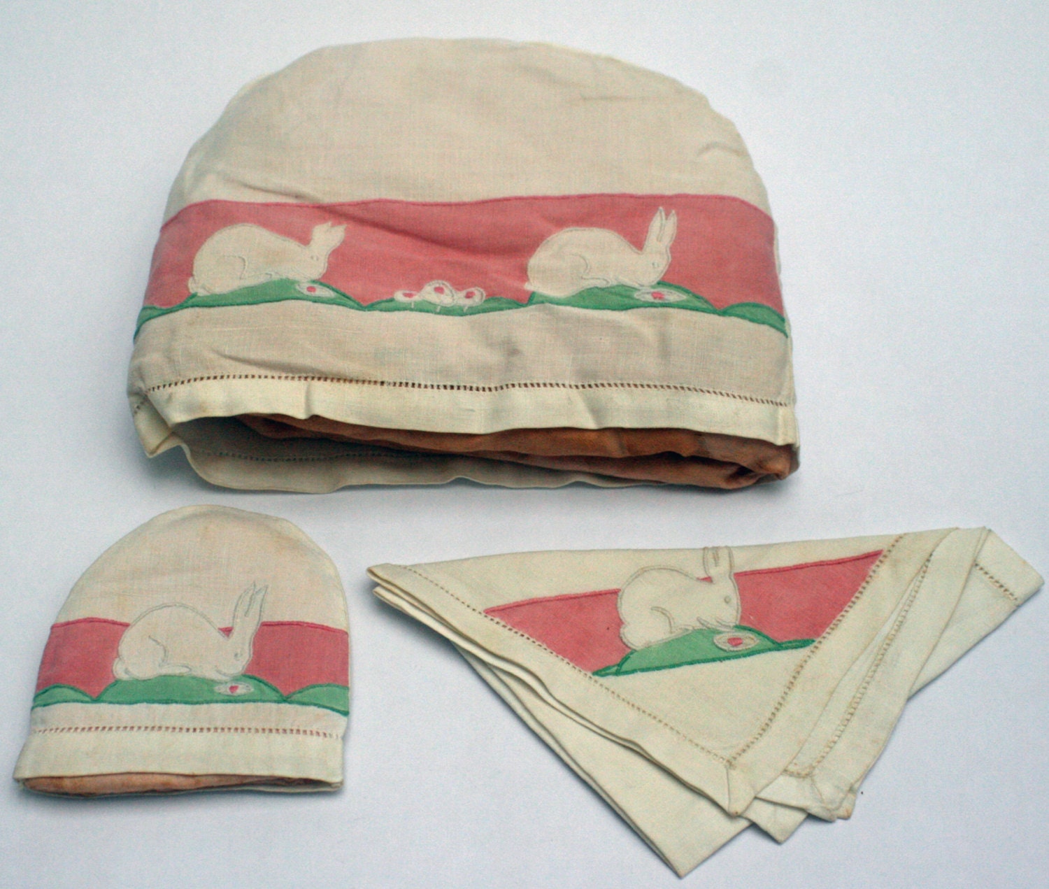 Vintage 1920s Rabbit Appliquéd Tea Cosy, Egg Cosy and Napkin