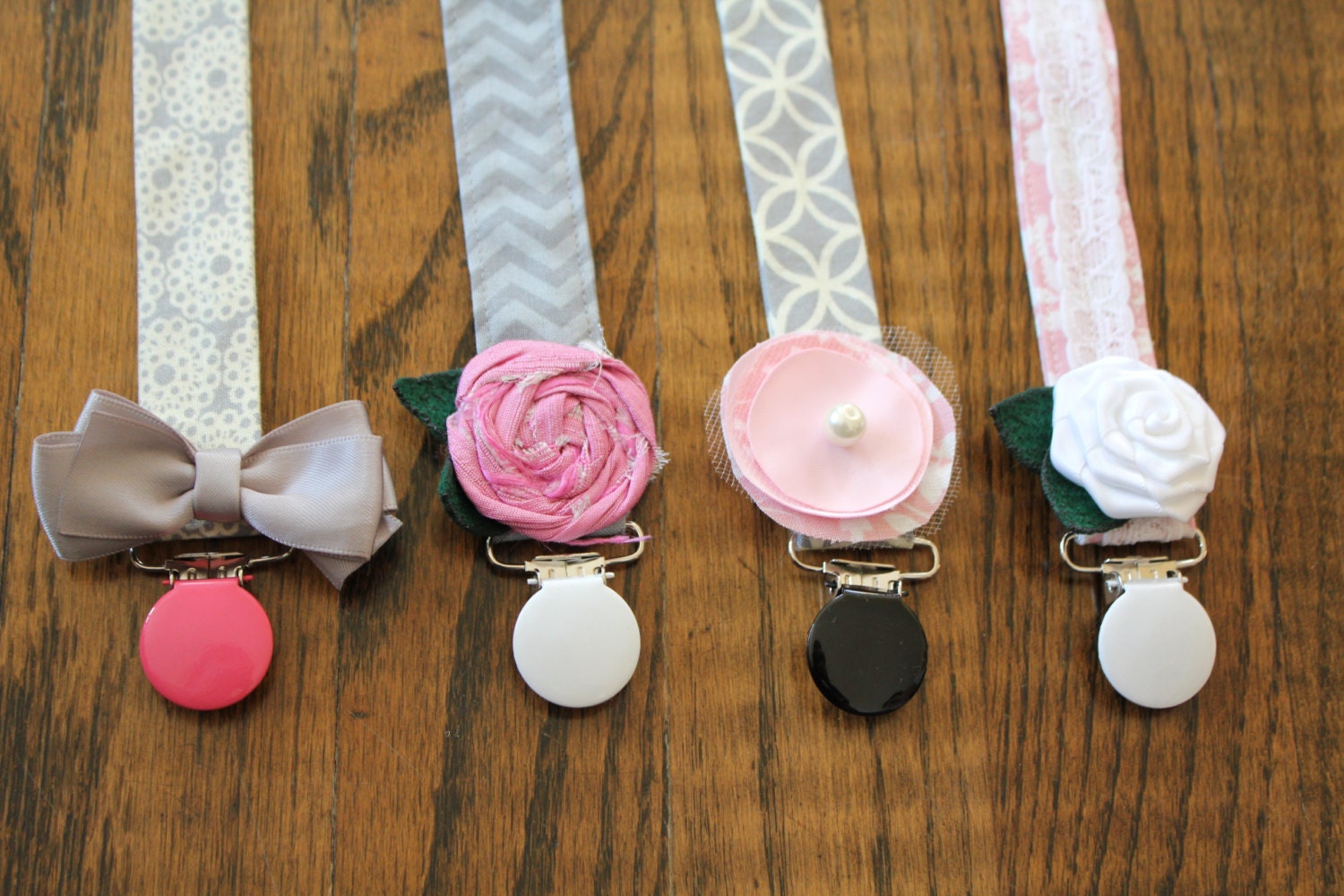 Pacifier clip baby newborn girl flower rose bow pink grey white chevron lace pearl vintage