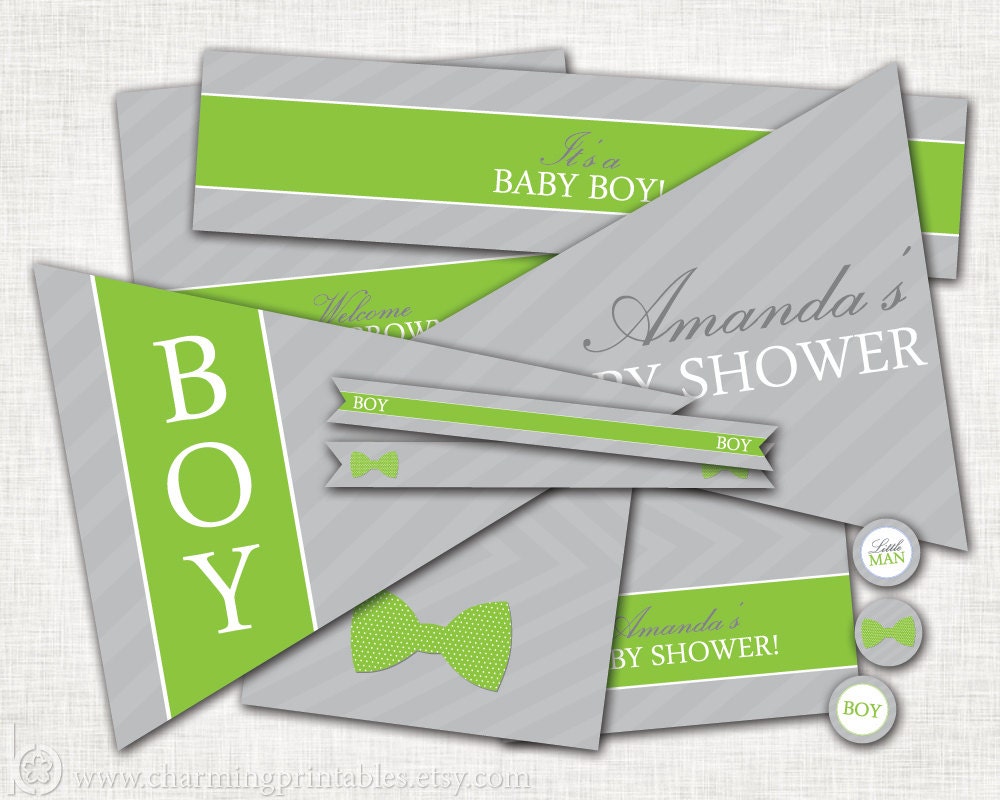 Bow Tie Baby Shower - Baby Boy Shower - PRINTABLE ( Labels, Tags, Wrappers, Flags, Circles ) - Green, Grey, Gray Tie - Bow Tie Collection Il_570xn