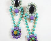 One Of A Kind - Vintage 1950s Hand Painted Mint Turquoise Purple Rhinestone Earrings - by Love Obsessed