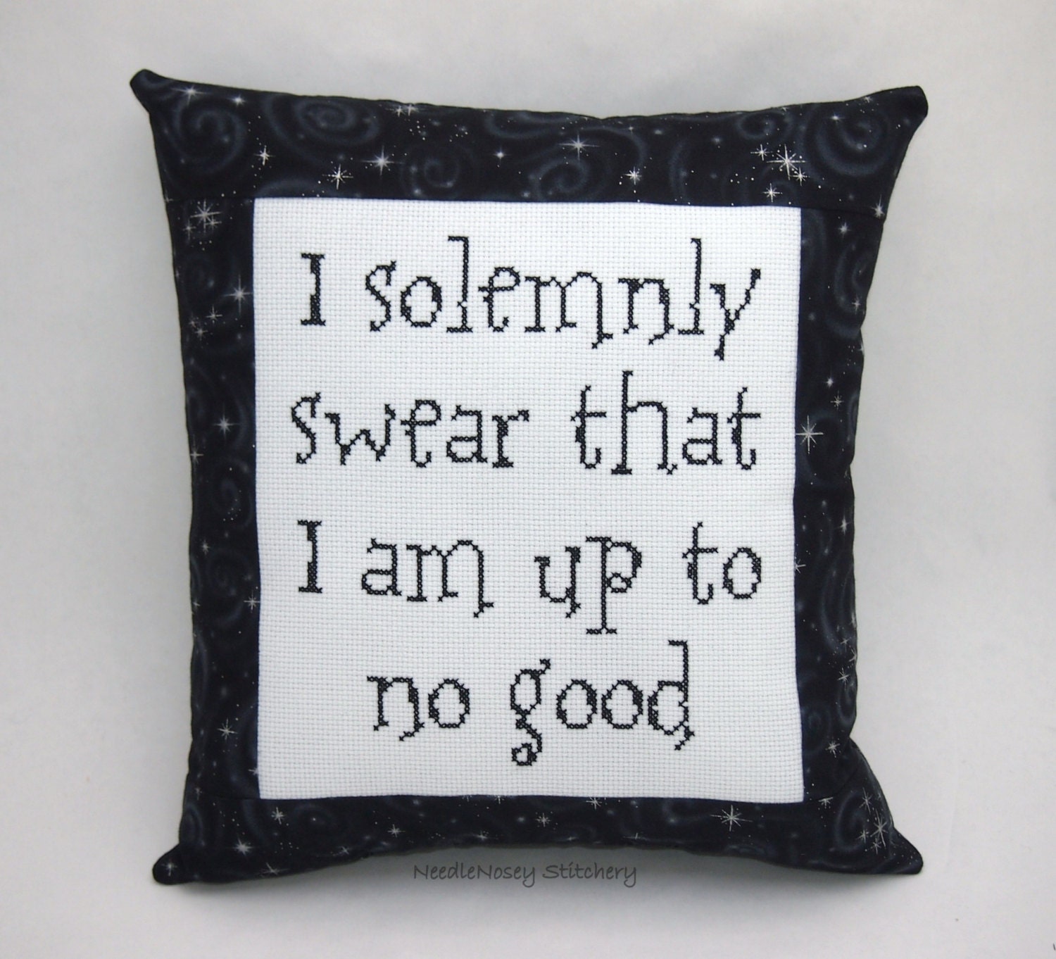Harry Potter Cross Stitch Pillow, Black Pillow, I Solemnly Swear...