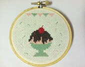 Strawberry Ice Cream Sundae and Bunting Cross Stitch Art - 3"