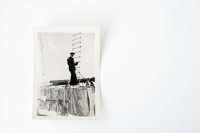 Hey There Sailor - Vintage 1940s/1950s Navy Photograph - Handsome Uniformed  Sailor on Ship Ladder, Wintertime Scene