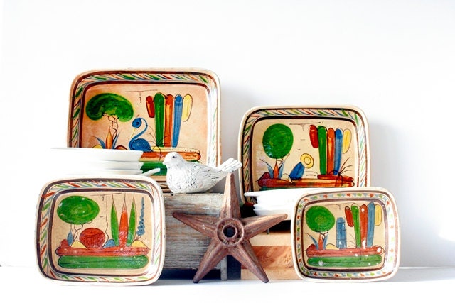 Vintage 1930s Mexican Pottery Dishes - Set of 4 -  Tlaquepaque Touristware, Mexican Folk Art, Made in Mexico, Southwestern Decor