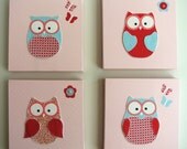 Handmade owl canvas baby or girl room. Decor picture & wall decal kids bedroom. Children's nursery newborn gift