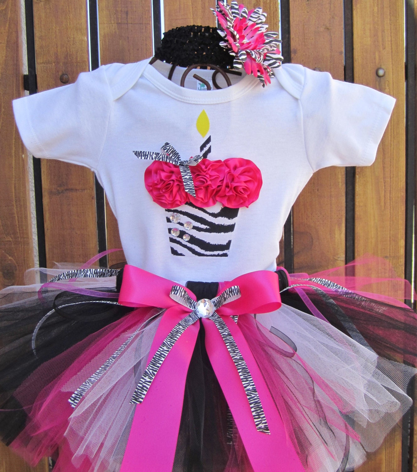WILD ZEBRA Birthday Girl Set - 3D Cupcake Onesie and Tutu Skirt and Matching Flower Headband- 1st 2nd 3rd 4th 5th Birthday