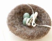 Robin's Egg Wedding Ring Nest, Needle Felted Wedding Ring Bearers Pillow, Delightfully Beatuiful - rustic woodland brown, something blue