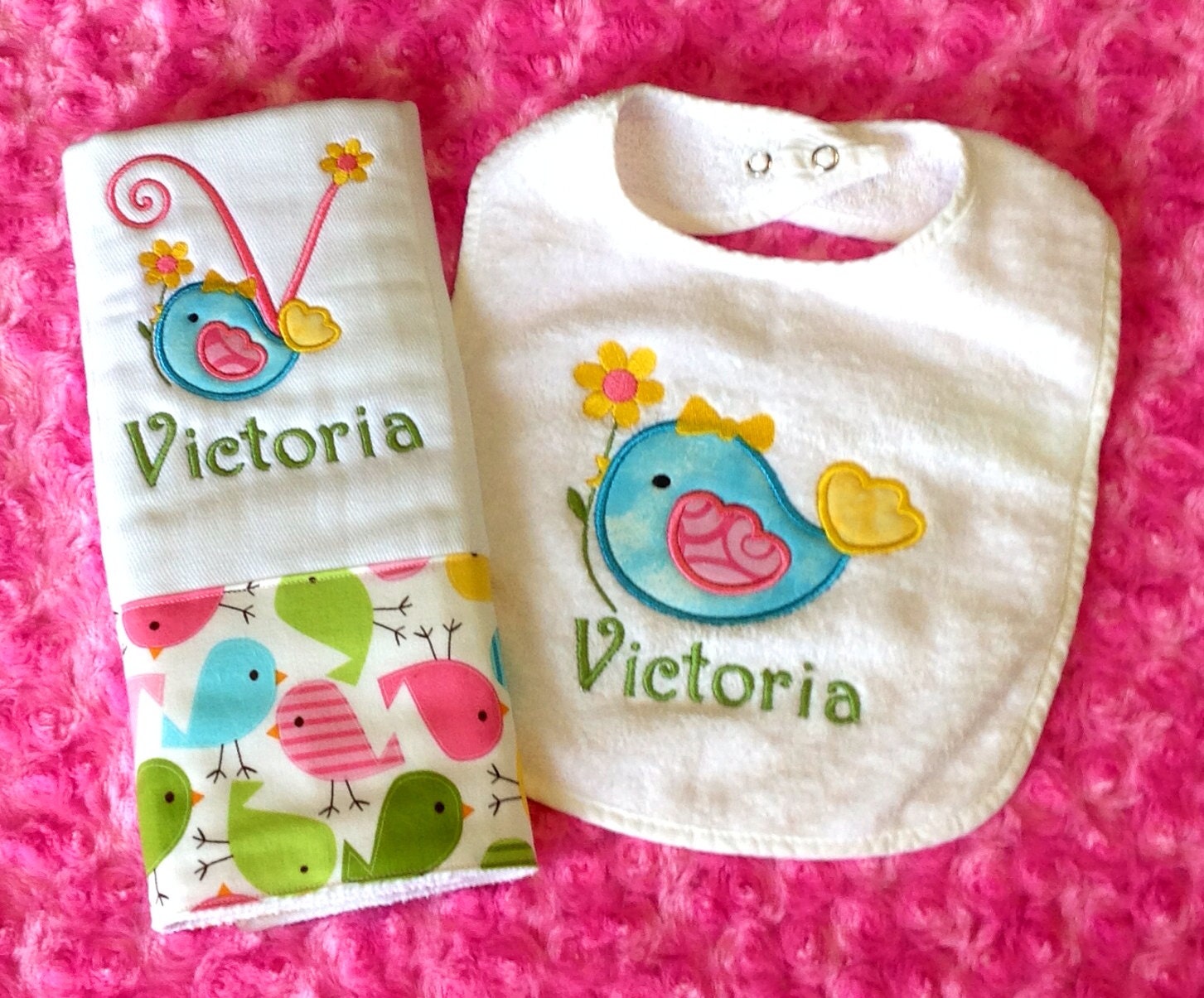 Applique Urban Zoologie Bird Burpcloth and Bib Personalized Alphabet Letter Baby Gift Set