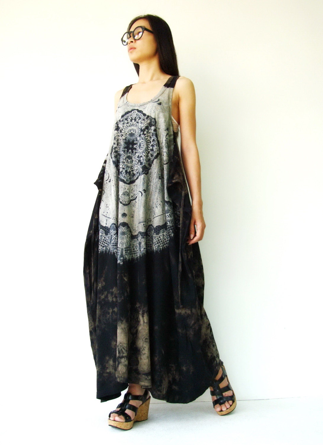 NO.108 Black, Grey and Brown Cotton Jersey Low Neck Lace Printed Racerback Sleeveless Dress
