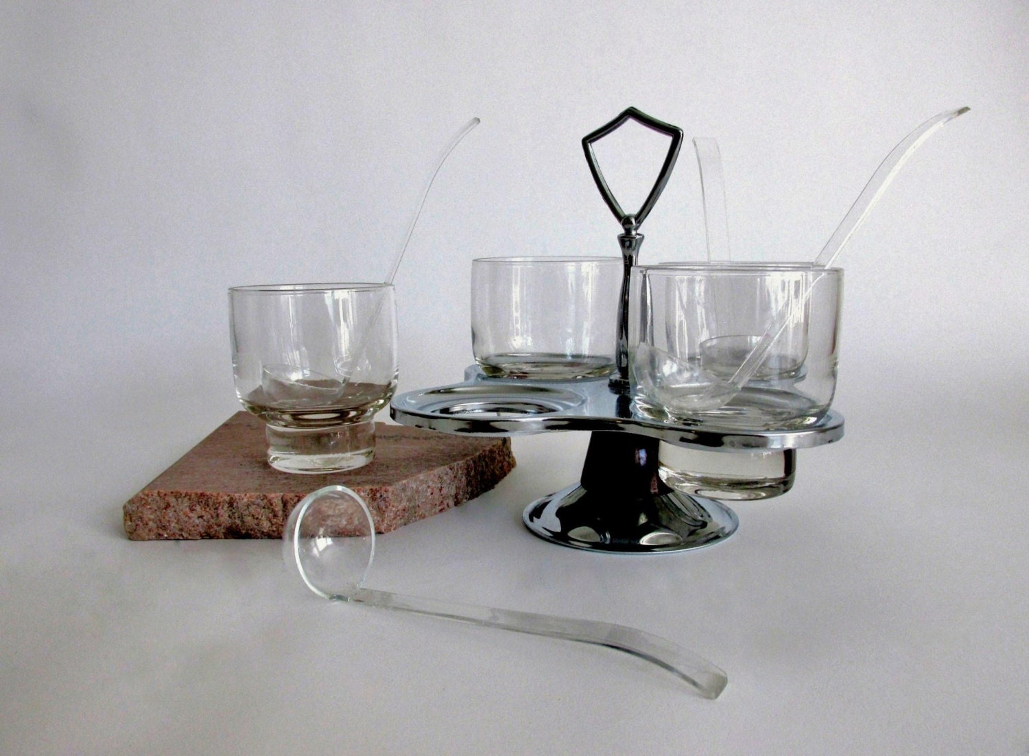 Mid Century Chrome Relish Tray. Glass Containers. Lucite Spoons. Teak base. NIB