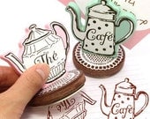 Coffee and Teapot Design Wooden Rubber Stamp and Photo Holder