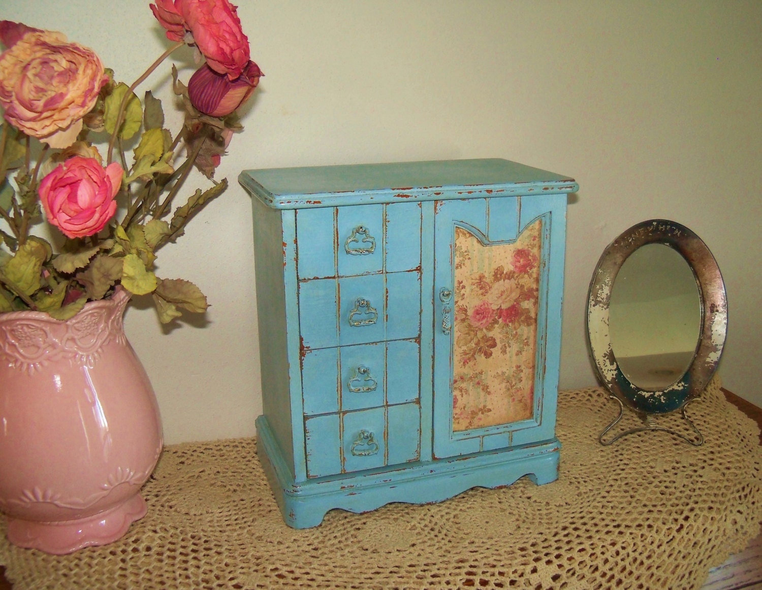 Upcycled Vintage Shabby and Distressed Wood Jewelry Box with Roses, Hand Painted in CeCe Caldwell 'Memphis Blue' Chalk Paint,