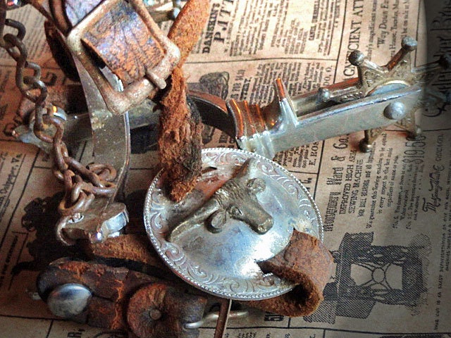 Vintage Spurs, Cowboy Boot, Leather and Steel, Steer Head Conch