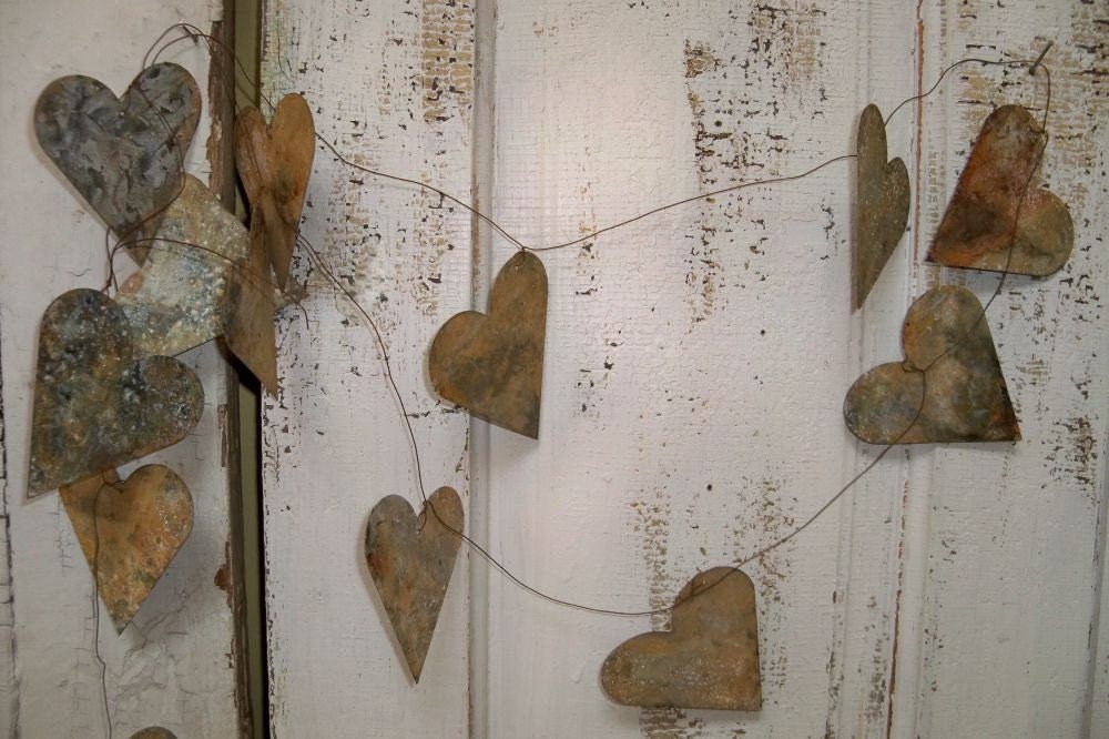 Rustic wedding garland weathered hearts metal French chic vignette decoration home decor Anita Spero