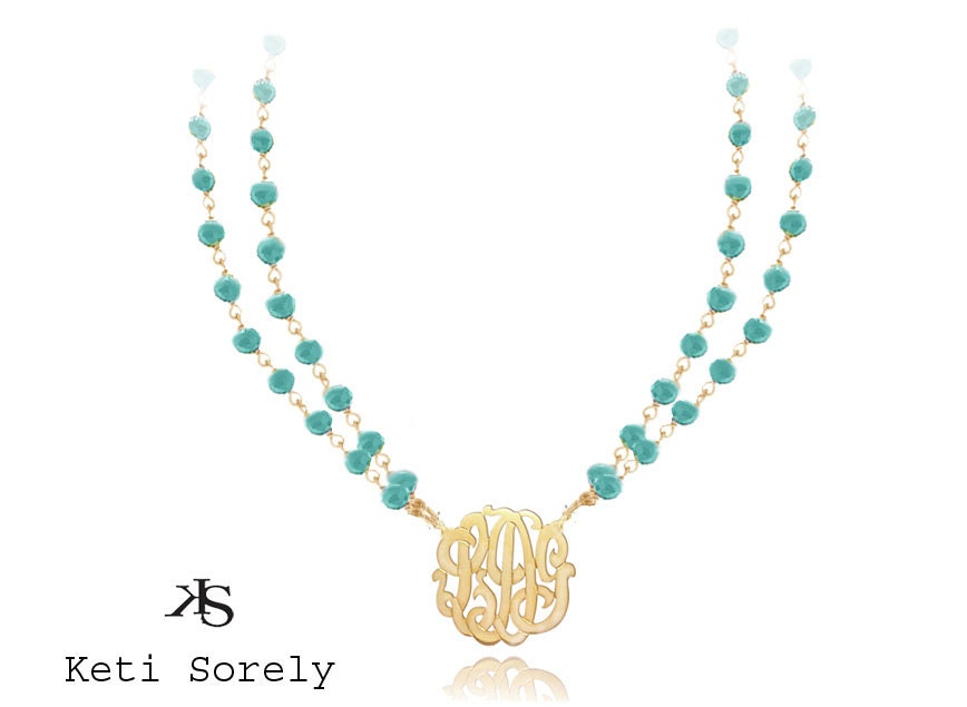 Gemstone Necklace with Monogram Initials Small (Order Any Initials) -  Available in: Turquoise, Ruby, Pearls, Amethyst, Garnet, Onyx Stones