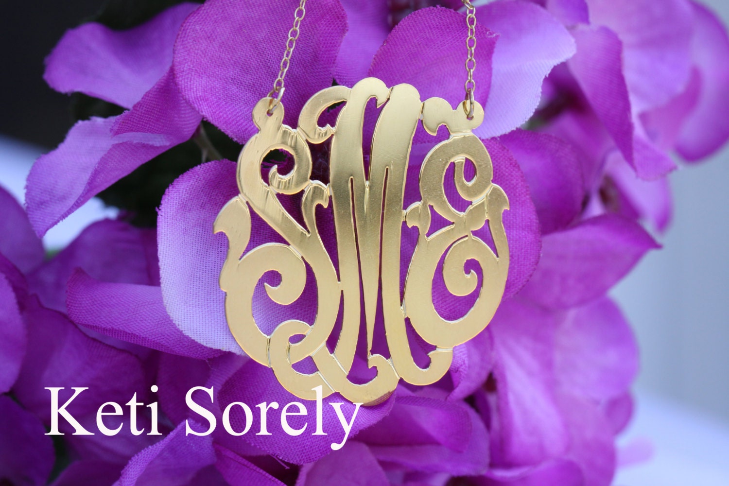 10K Gold Designer Monogram Necklace 1.5"(Order Your Initials) - Handcrafted - 10K Gold Chain