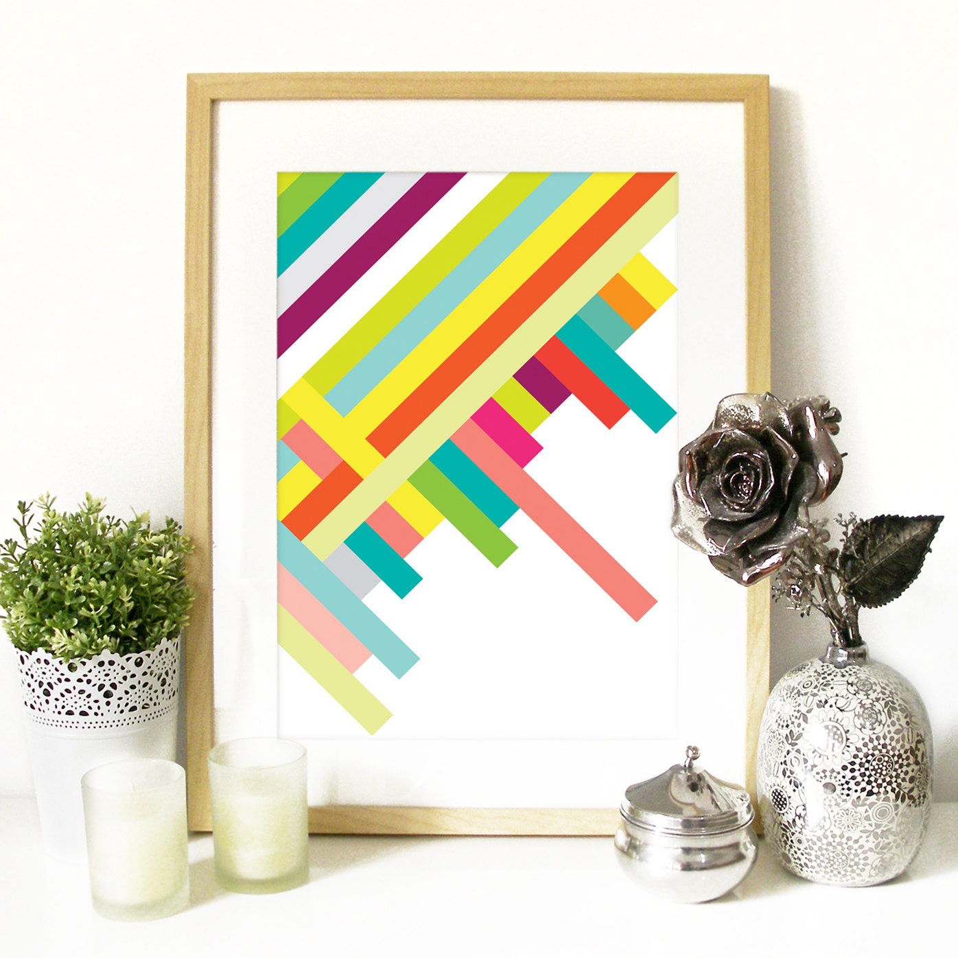 Geometric Poster Spring Collection Art Print color stripes pattern in Spring colors vibrant bright Poster pattern art interlaced color lines