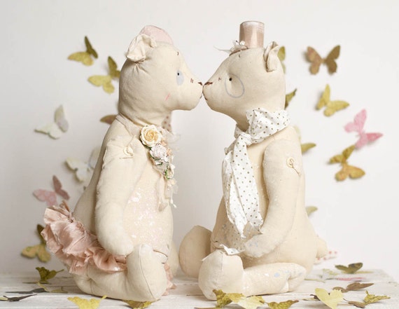 Pale Yellow Wedding - Bear Elegant Pink Hat - Stuffed With Love Buddy Bears - Gift for Kissing Couple