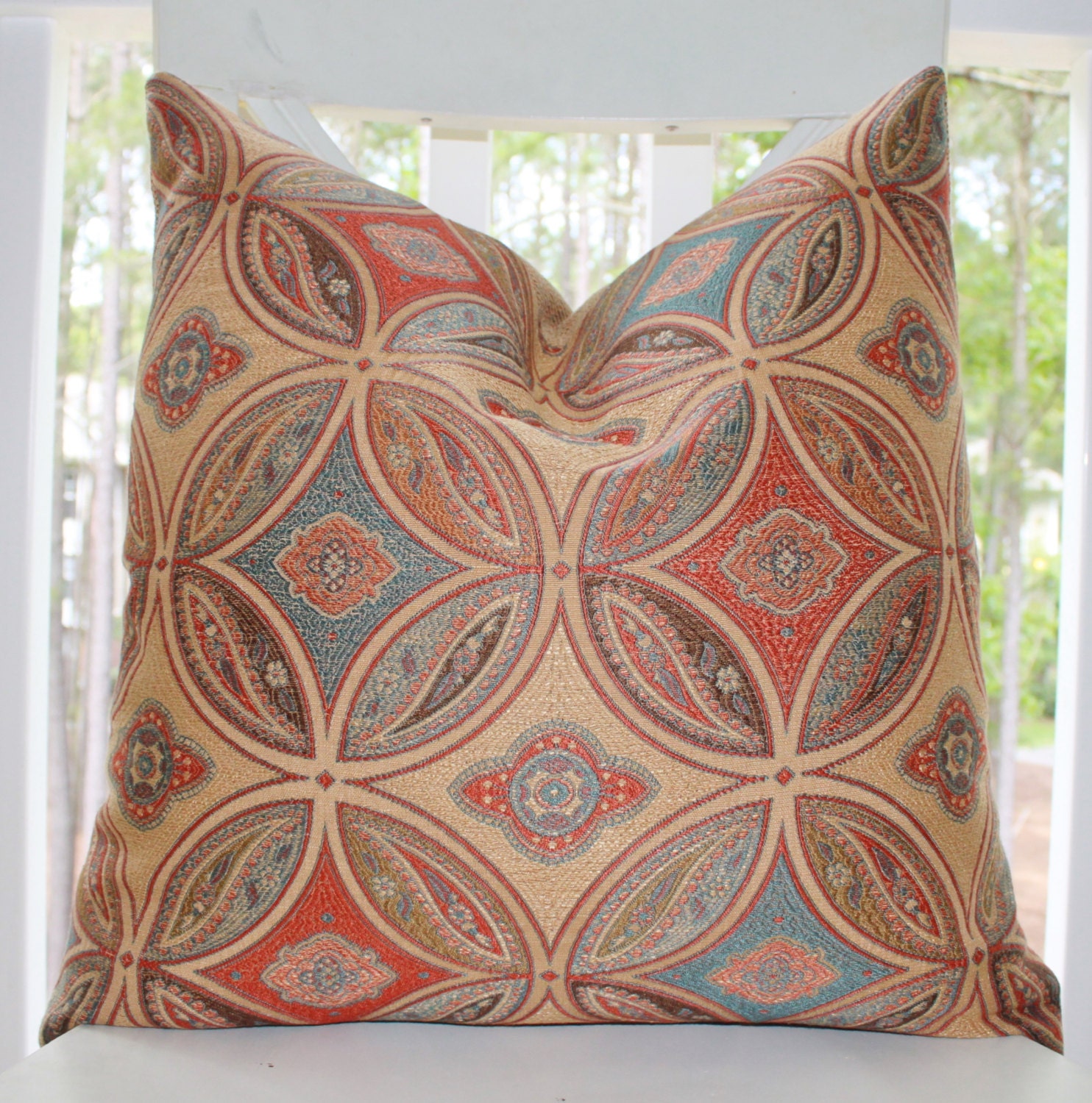 Designer Tan Pillow - 20 x 20 Orange Turquoise Aqua Geometric Moroccan Medallion Pillow Cover- Decorative Bohemian Pillow Cover - Stroheim