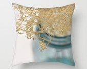 Blue Beige and White Pillow Cover, Dried Flowers Photo Pillow Case, Cottage Chic Home Decor, Toss Pillow Cover