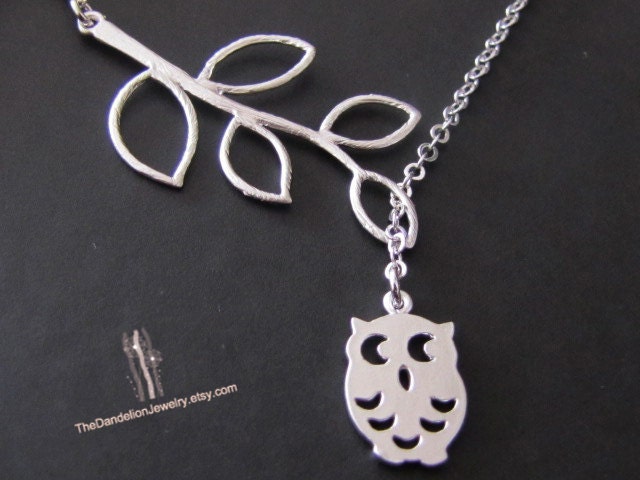 SALE 10% - Branch and owl lariat in white gold, Owl necklace, branch necklace, owl pendant