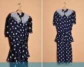 Vintage 1980s Navy Polka Dot Peplum Dress, By Kristen, Size Large